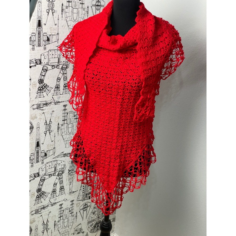 Handmade Crochet Shawl Triangle‎ Wrap Red Boho Lace Trim Design Red Open Knit